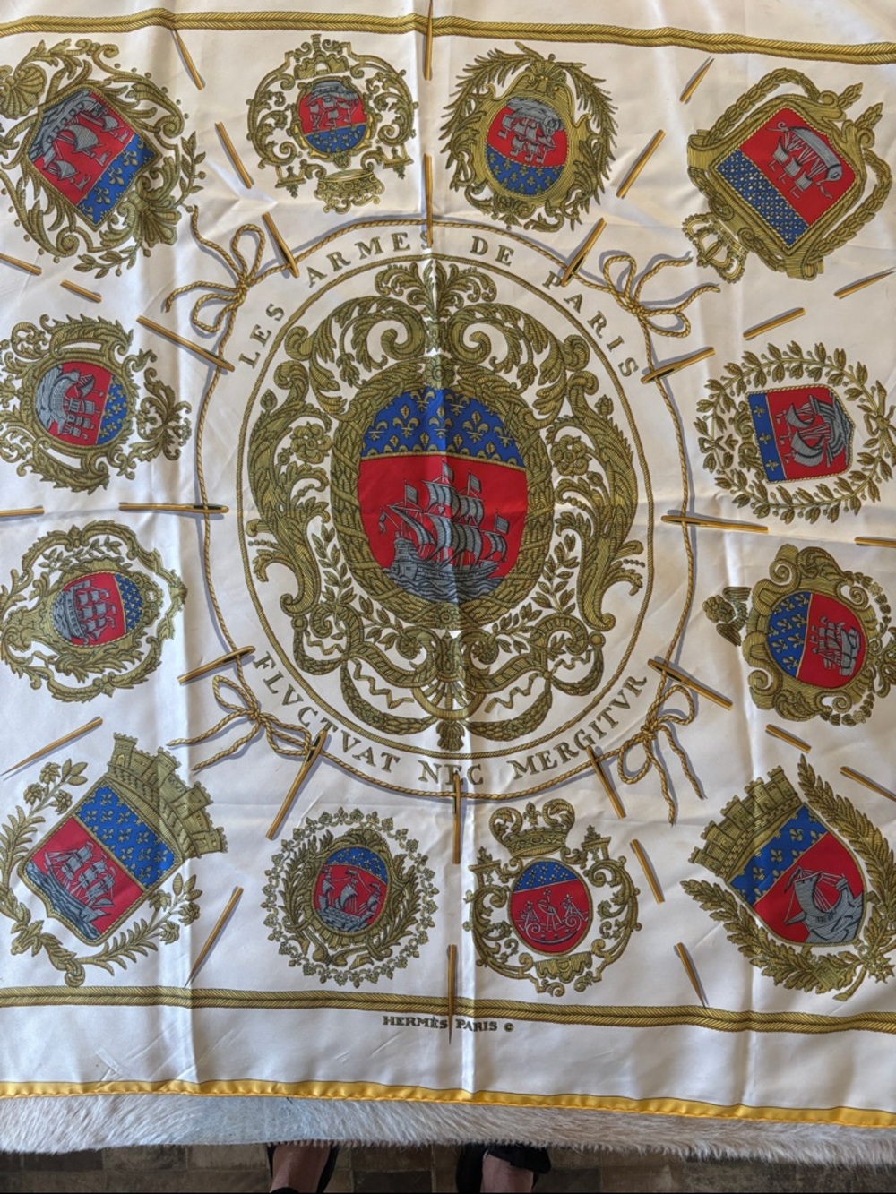 Hermès Paris Silk Scarf - Crest & Ship Motif in Red, Blue, Gold on Ivory